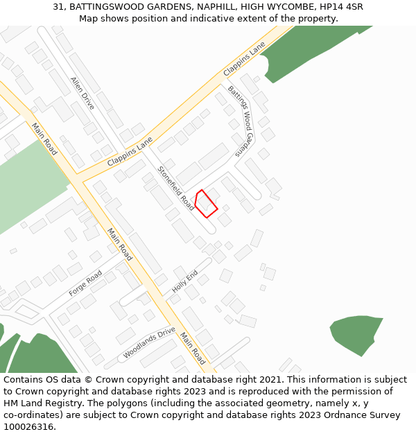 31, BATTINGSWOOD GARDENS, NAPHILL, HIGH WYCOMBE, HP14 4SR: Location map and indicative extent of plot