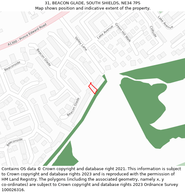 31, BEACON GLADE, SOUTH SHIELDS, NE34 7PS: Location map and indicative extent of plot