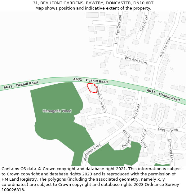 31, BEAUFONT GARDENS, BAWTRY, DONCASTER, DN10 6RT: Location map and indicative extent of plot