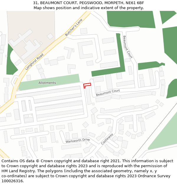 31, BEAUMONT COURT, PEGSWOOD, MORPETH, NE61 6BF: Location map and indicative extent of plot