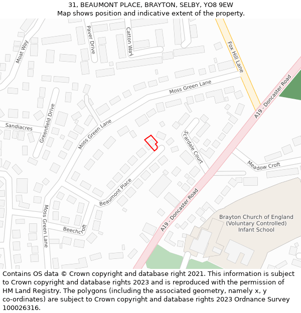 31, BEAUMONT PLACE, BRAYTON, SELBY, YO8 9EW: Location map and indicative extent of plot