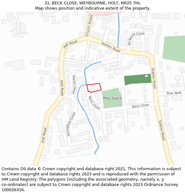 31, BECK CLOSE, WEYBOURNE, HOLT, NR25 7HL: Location map and indicative extent of plot