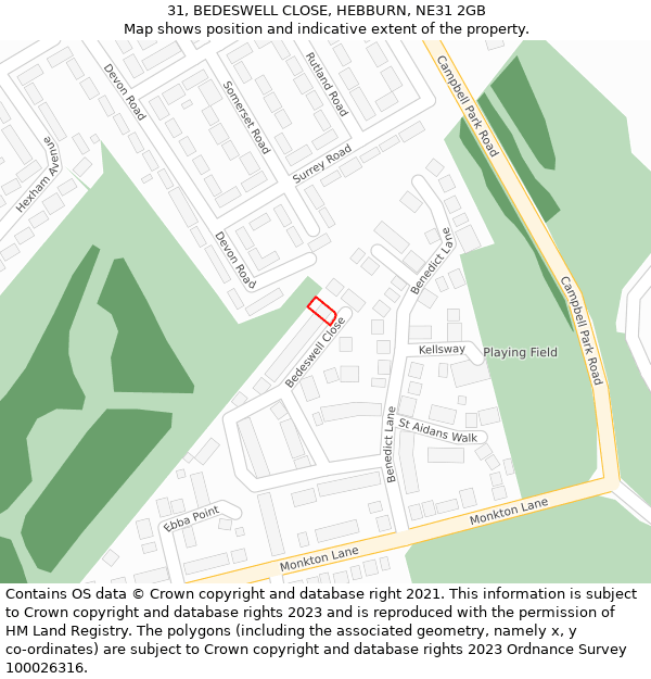 31, BEDESWELL CLOSE, HEBBURN, NE31 2GB: Location map and indicative extent of plot