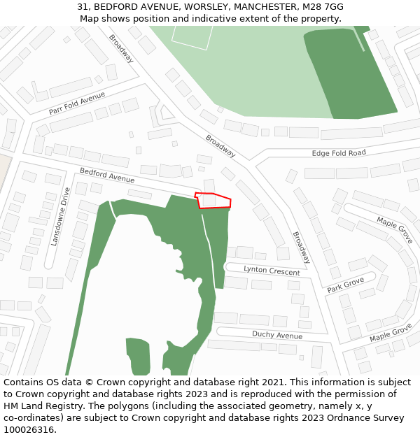 31, BEDFORD AVENUE, WORSLEY, MANCHESTER, M28 7GG: Location map and indicative extent of plot