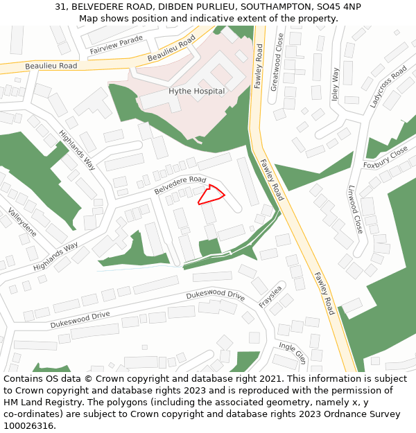 31, BELVEDERE ROAD, DIBDEN PURLIEU, SOUTHAMPTON, SO45 4NP: Location map and indicative extent of plot