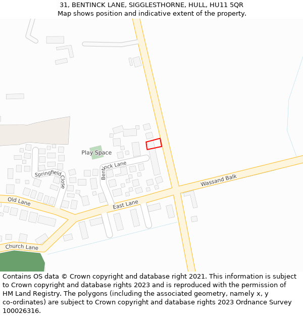 31, BENTINCK LANE, SIGGLESTHORNE, HULL, HU11 5QR: Location map and indicative extent of plot