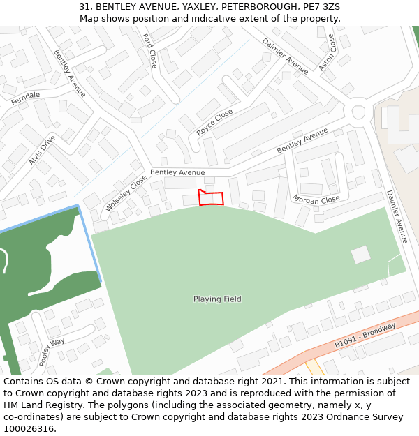 31, BENTLEY AVENUE, YAXLEY, PETERBOROUGH, PE7 3ZS: Location map and indicative extent of plot