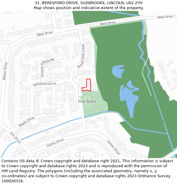 31, BERESFORD DRIVE, SUDBROOKE, LINCOLN, LN2 2YH: Location map and indicative extent of plot