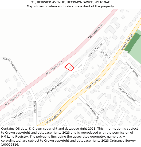 31, BERWICK AVENUE, HECKMONDWIKE, WF16 9AF: Location map and indicative extent of plot