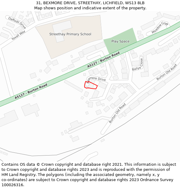 31, BEXMORE DRIVE, STREETHAY, LICHFIELD, WS13 8LB: Location map and indicative extent of plot