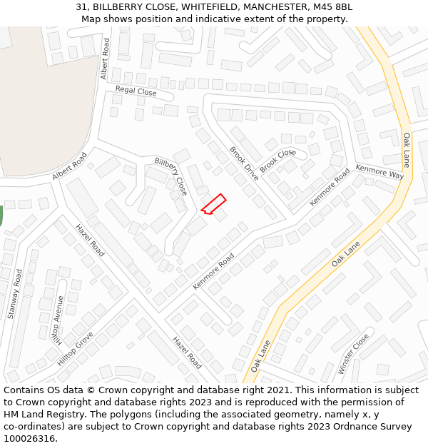 31, BILLBERRY CLOSE, WHITEFIELD, MANCHESTER, M45 8BL: Location map and indicative extent of plot