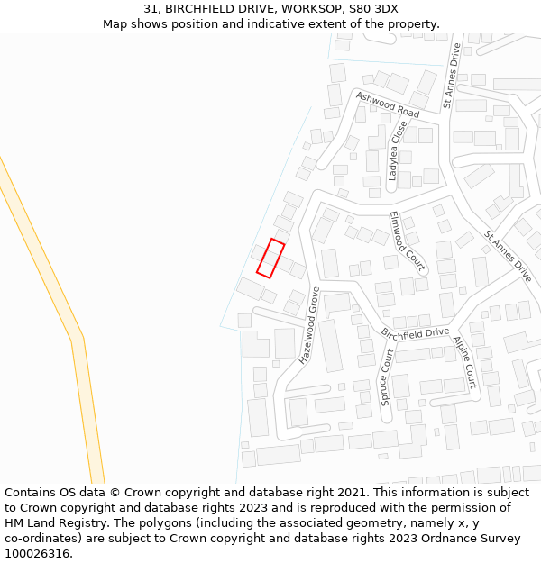 31, BIRCHFIELD DRIVE, WORKSOP, S80 3DX: Location map and indicative extent of plot