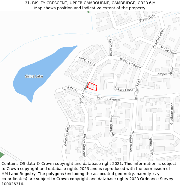 31, BISLEY CRESCENT, UPPER CAMBOURNE, CAMBRIDGE, CB23 6JA: Location map and indicative extent of plot