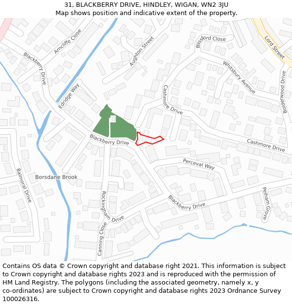 31, BLACKBERRY DRIVE, HINDLEY, WIGAN, WN2 3JU: Location map and indicative extent of plot