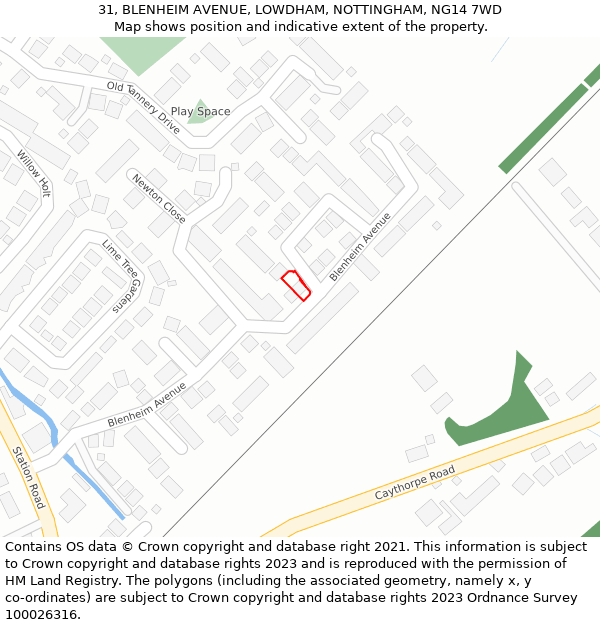 31, BLENHEIM AVENUE, LOWDHAM, NOTTINGHAM, NG14 7WD: Location map and indicative extent of plot