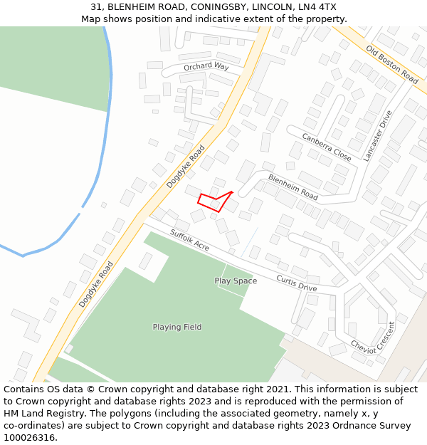 31, BLENHEIM ROAD, CONINGSBY, LINCOLN, LN4 4TX: Location map and indicative extent of plot