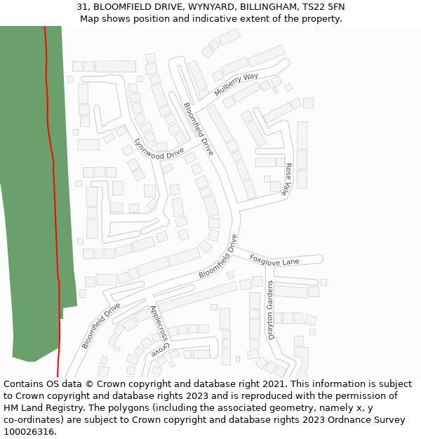 31, BLOOMFIELD DRIVE, WYNYARD, BILLINGHAM, TS22 5FN: Location map and indicative extent of plot