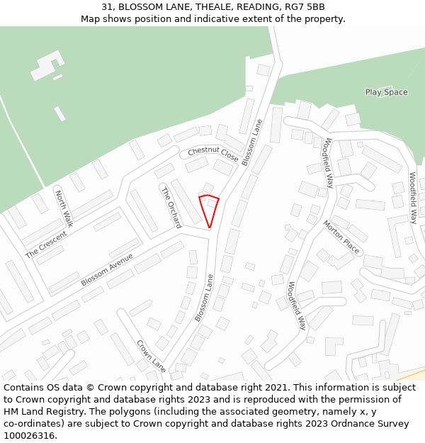 31, BLOSSOM LANE, THEALE, READING, RG7 5BB: Location map and indicative extent of plot