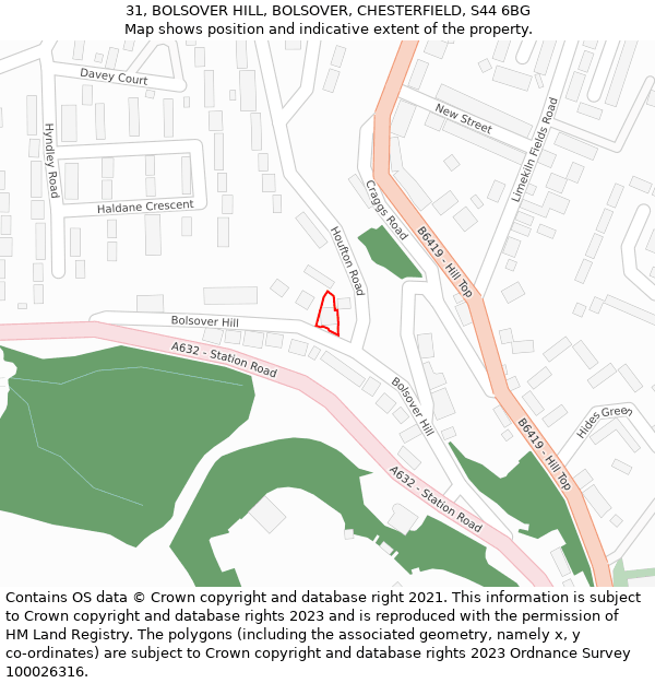 31, BOLSOVER HILL, BOLSOVER, CHESTERFIELD, S44 6BG: Location map and indicative extent of plot