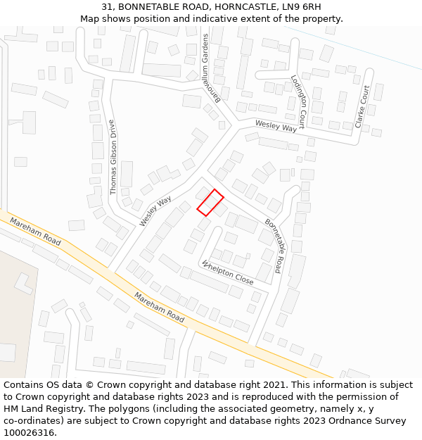 31, BONNETABLE ROAD, HORNCASTLE, LN9 6RH: Location map and indicative extent of plot