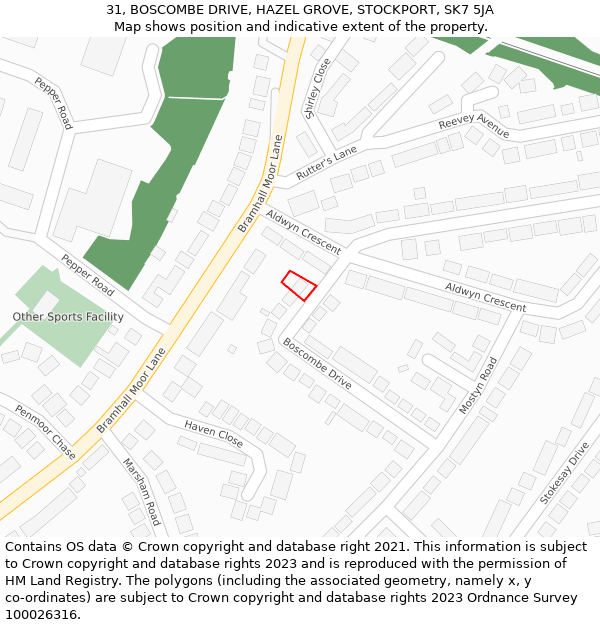 31, BOSCOMBE DRIVE, HAZEL GROVE, STOCKPORT, SK7 5JA: Location map and indicative extent of plot