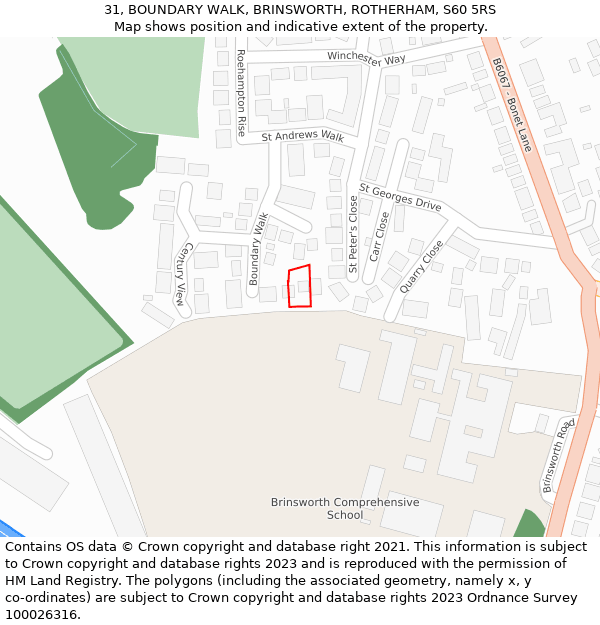 31, BOUNDARY WALK, BRINSWORTH, ROTHERHAM, S60 5RS: Location map and indicative extent of plot
