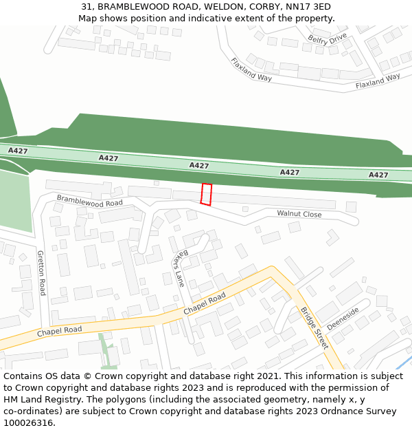 31, BRAMBLEWOOD ROAD, WELDON, CORBY, NN17 3ED: Location map and indicative extent of plot