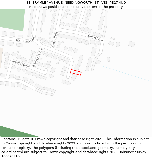 31, BRAMLEY AVENUE, NEEDINGWORTH, ST. IVES, PE27 4UD: Location map and indicative extent of plot