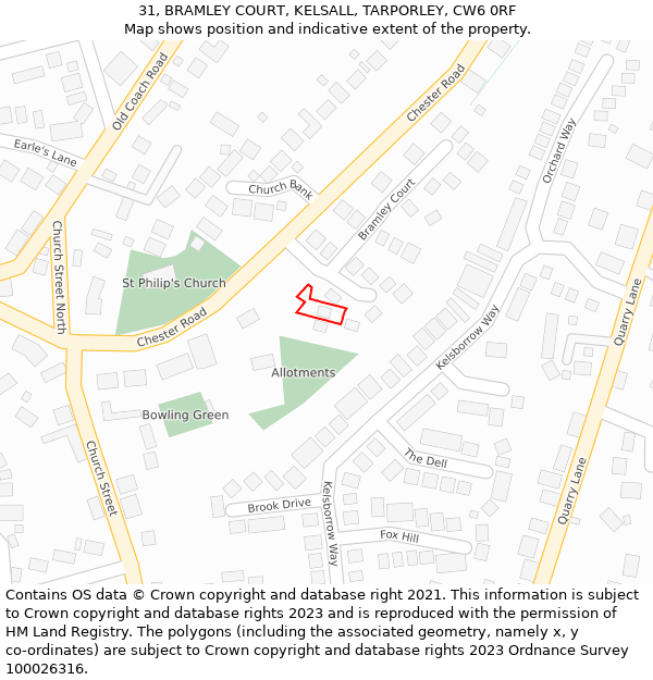 31, BRAMLEY COURT, KELSALL, TARPORLEY, CW6 0RF: Location map and indicative extent of plot