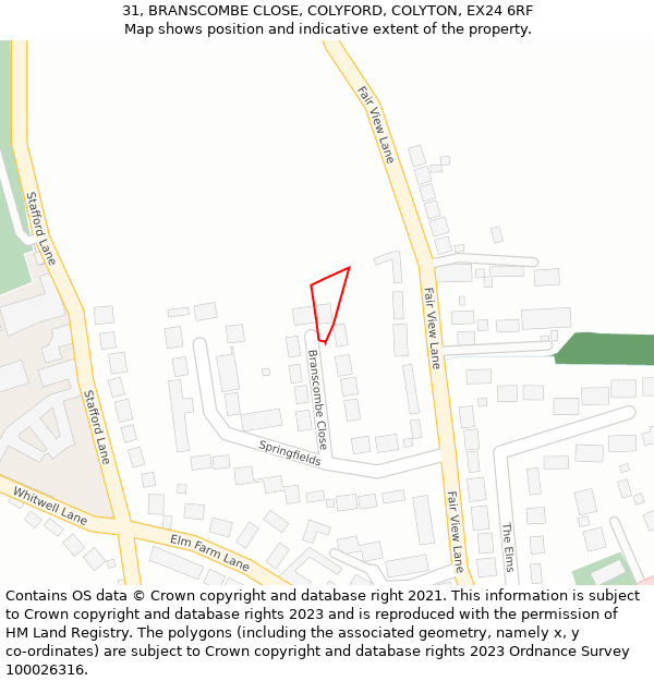 31, BRANSCOMBE CLOSE, COLYFORD, COLYTON, EX24 6RF: Location map and indicative extent of plot