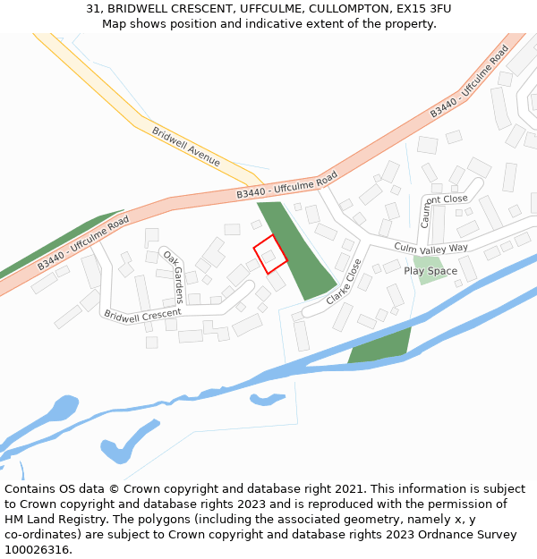 31, BRIDWELL CRESCENT, UFFCULME, CULLOMPTON, EX15 3FU: Location map and indicative extent of plot