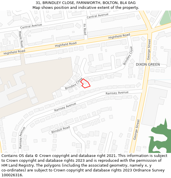 31, BRINDLEY CLOSE, FARNWORTH, BOLTON, BL4 0AG: Location map and indicative extent of plot