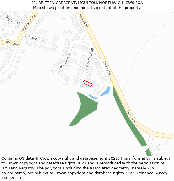 31, BRITTEN CRESCENT, MOULTON, NORTHWICH, CW9 8XA: Location map and indicative extent of plot