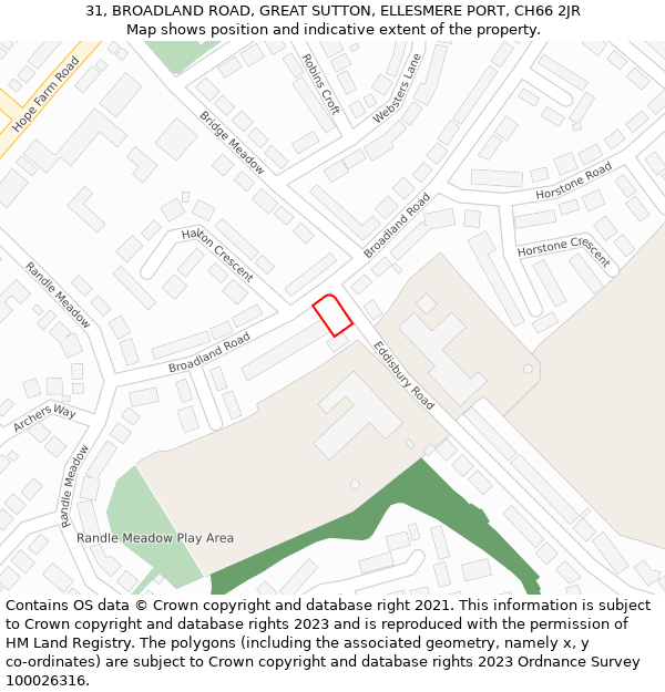 31, BROADLAND ROAD, GREAT SUTTON, ELLESMERE PORT, CH66 2JR: Location map and indicative extent of plot