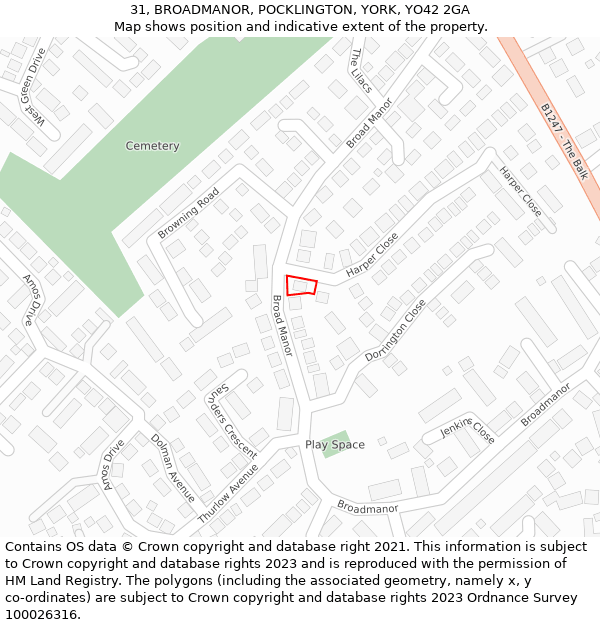 31, BROADMANOR, POCKLINGTON, YORK, YO42 2GA: Location map and indicative extent of plot