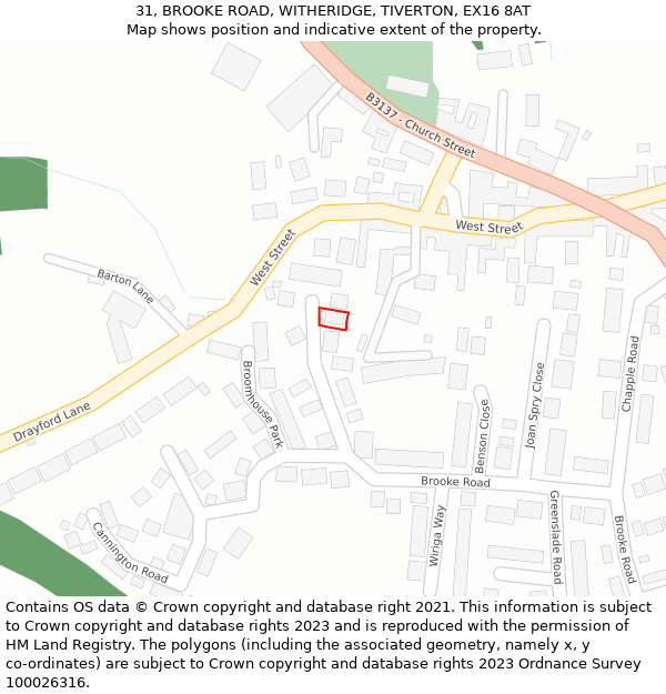 31, BROOKE ROAD, WITHERIDGE, TIVERTON, EX16 8AT: Location map and indicative extent of plot