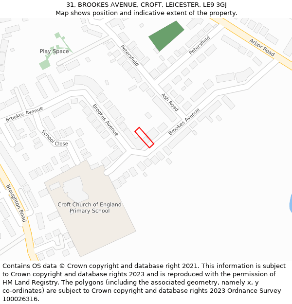 31, BROOKES AVENUE, CROFT, LEICESTER, LE9 3GJ: Location map and indicative extent of plot