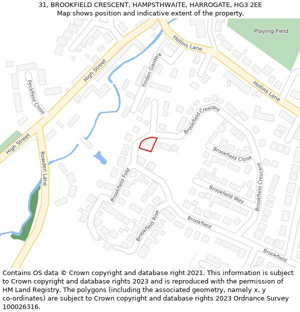 31, BROOKFIELD CRESCENT, HAMPSTHWAITE, HARROGATE, HG3 2EE: Location map and indicative extent of plot