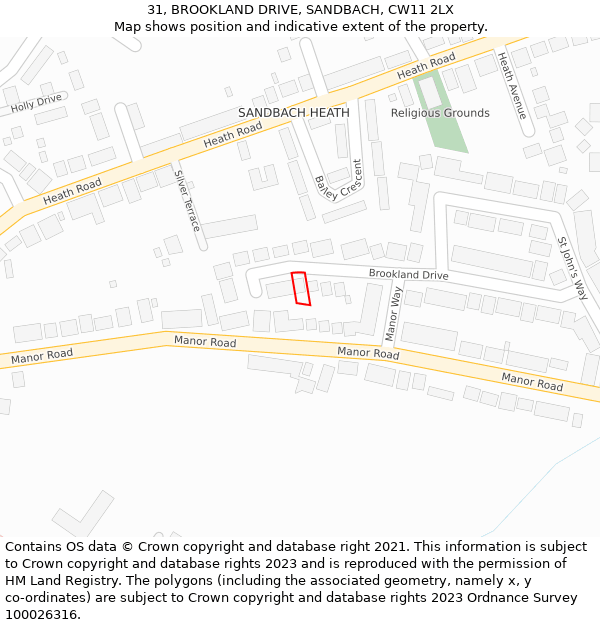 31, BROOKLAND DRIVE, SANDBACH, CW11 2LX: Location map and indicative extent of plot