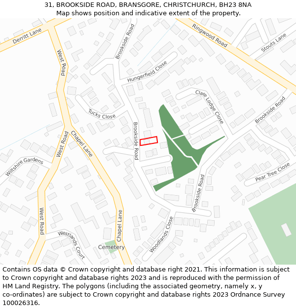 31, BROOKSIDE ROAD, BRANSGORE, CHRISTCHURCH, BH23 8NA: Location map and indicative extent of plot