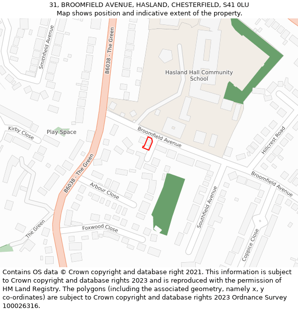 31, BROOMFIELD AVENUE, HASLAND, CHESTERFIELD, S41 0LU: Location map and indicative extent of plot