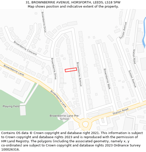 31, BROWNBERRIE AVENUE, HORSFORTH, LEEDS, LS18 5PW: Location map and indicative extent of plot