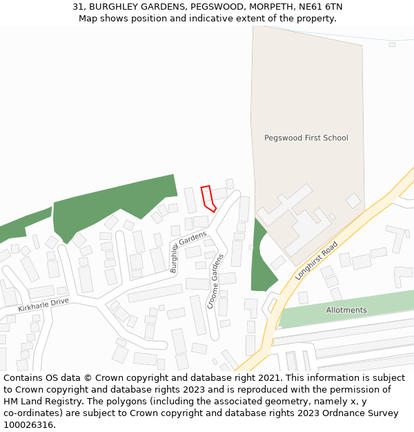 31, BURGHLEY GARDENS, PEGSWOOD, MORPETH, NE61 6TN: Location map and indicative extent of plot