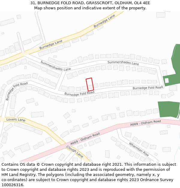 31, BURNEDGE FOLD ROAD, GRASSCROFT, OLDHAM, OL4 4EE: Location map and indicative extent of plot