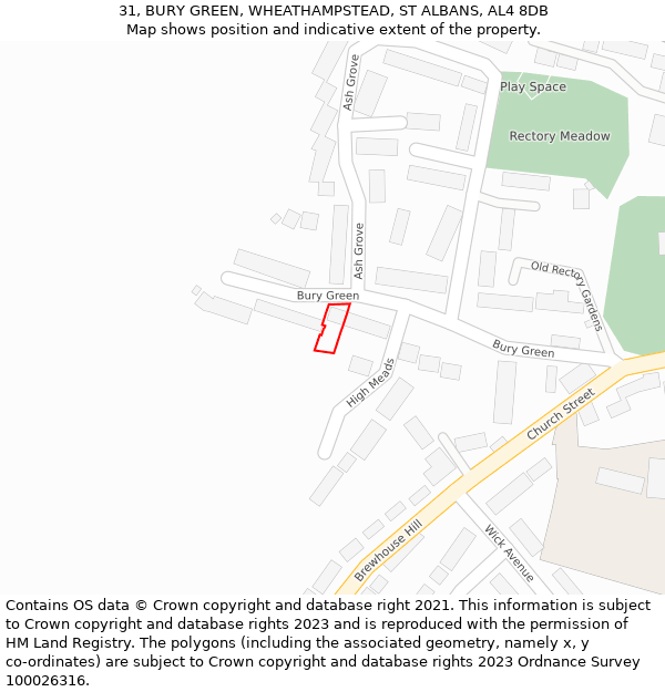 31, BURY GREEN, WHEATHAMPSTEAD, ST ALBANS, AL4 8DB: Location map and indicative extent of plot