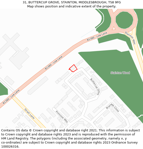 31, BUTTERCUP GROVE, STAINTON, MIDDLESBROUGH, TS8 9FG: Location map and indicative extent of plot