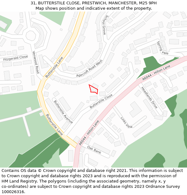 31, BUTTERSTILE CLOSE, PRESTWICH, MANCHESTER, M25 9PH: Location map and indicative extent of plot