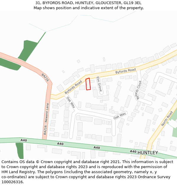 31, BYFORDS ROAD, HUNTLEY, GLOUCESTER, GL19 3EL: Location map and indicative extent of plot