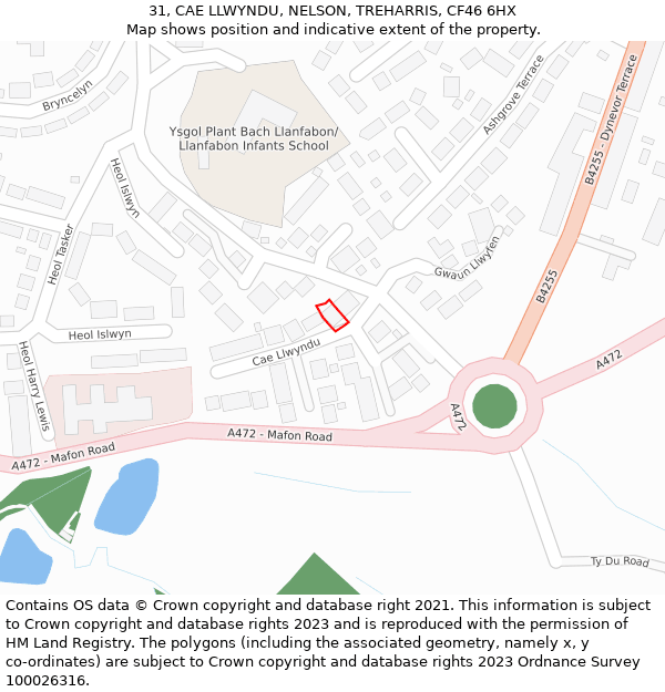 31, CAE LLWYNDU, NELSON, TREHARRIS, CF46 6HX: Location map and indicative extent of plot