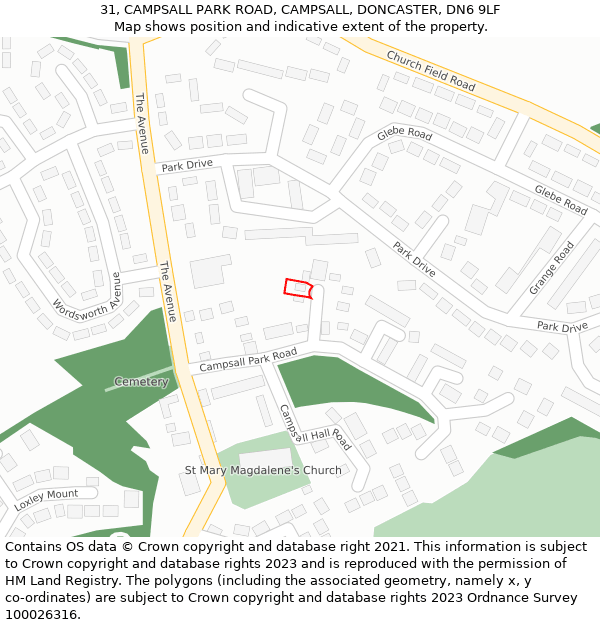 31, CAMPSALL PARK ROAD, CAMPSALL, DONCASTER, DN6 9LF: Location map and indicative extent of plot